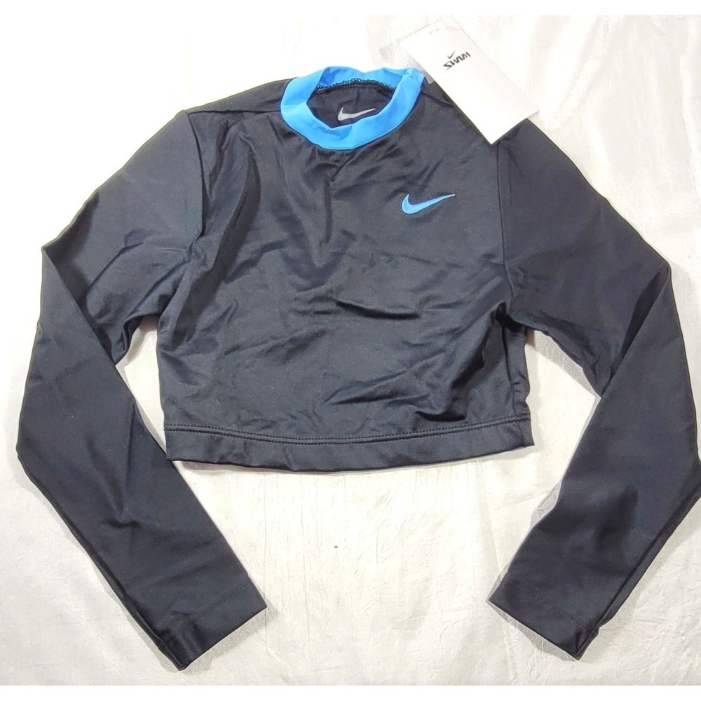 Nike Girl's Long Sleeve Crop Top Swimsuit Rashguard -‎ Top Only - Black/Blue - S